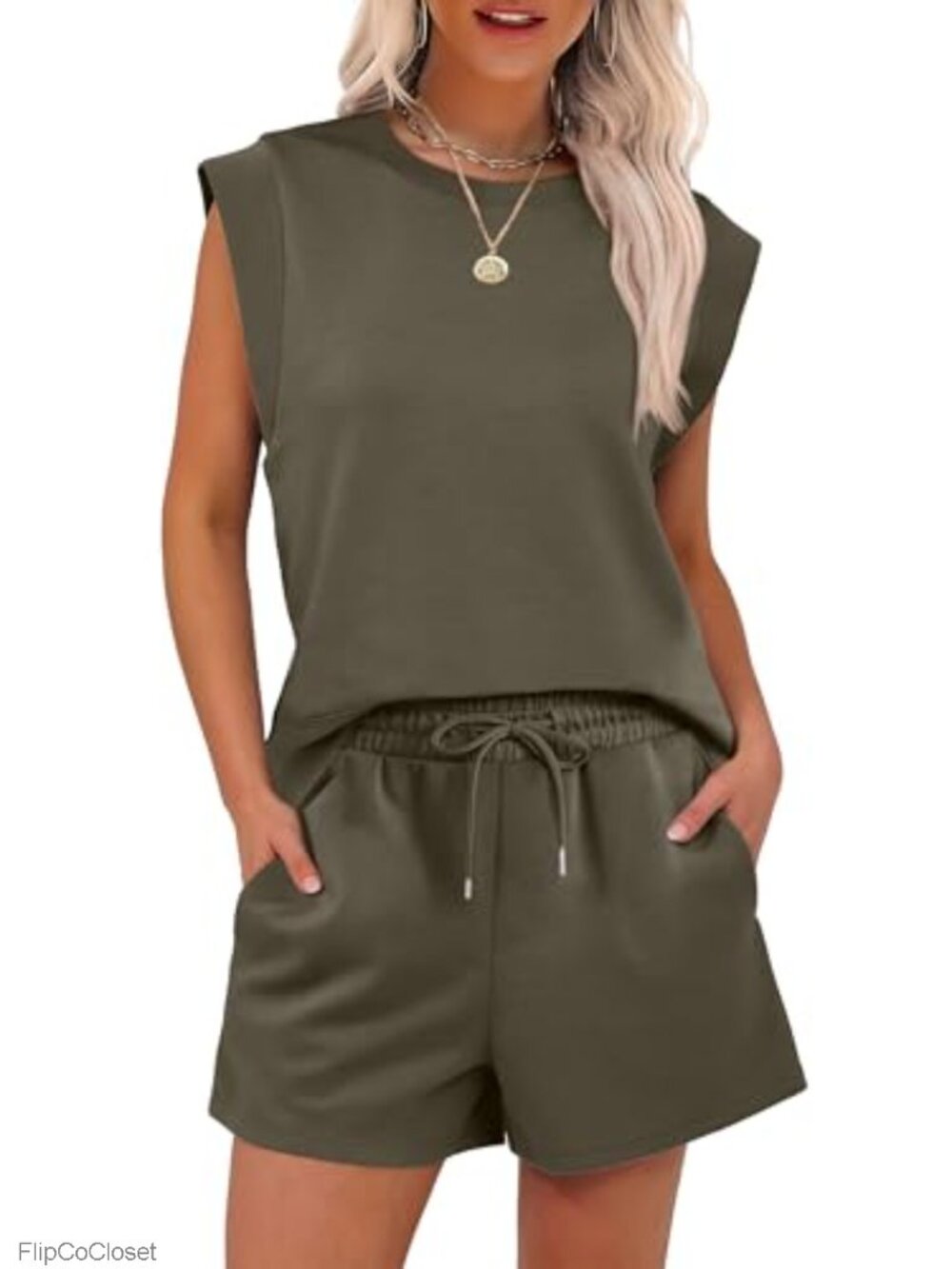 Women's 2 Piece Lounge Set Shorts Crewneck Cap Sleeve Drawstring Summer Outfit